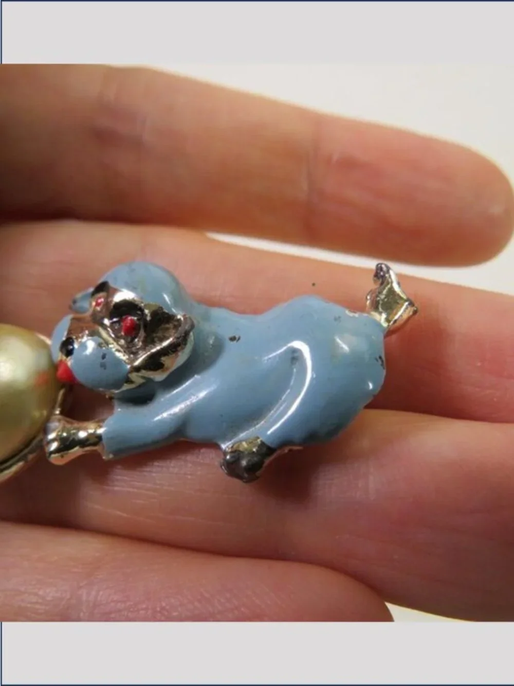 Vintage Mid Century Blue Enamel Dog Faux Pearl Ball Brooch Pin Whimsical Novelty